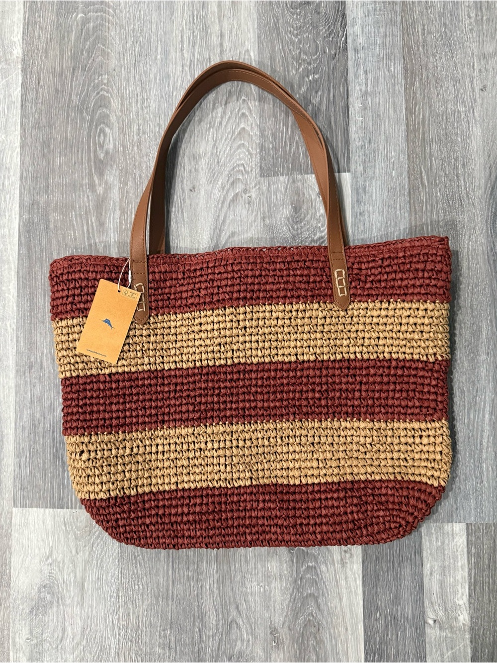 Tommy Bahama Large Burgundy and Khaki Striped Woven Straw Tote New with Tag